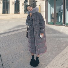 가을 겨울 편한 힙룩 긴팔 폭스퍼 후드 손목 스트랩 여성 롱 패딩 퍼플 컬러