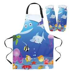 블루 상어 만화 앞치마 오븐 장갑 패드 아이를위한 베이킹 주방, F.Apron Cuff Set S, 1개