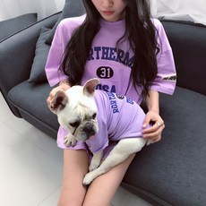 HALOKAIYA 봄/여름 얇은 다색 고양이 중/소형견 테디독 법투견 애견용 옷 편안하게 실내복 외출 산책 여행 강아지 주인 티셔츠 패밀리룩 세트, Purple, 1개