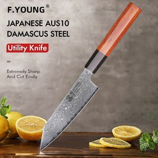 F.YOUNG 일본 다마스커스 다용도 나이프 전문 요리사 칼 주방 과일 야채 고기 수제 요리 도구 5 인치, [01] 5인치, 01 브라운, 1개