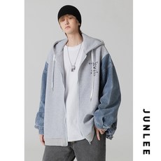 한나슈퍼 남성데님코트 자준 마른남자옷 가을 디자인 감각 패치워크 캐주얼점퍼 남자트렌트 와이드 루즈핏 페이크