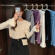 포린박스 풀오버 프릴 나팔소매 꽈배기 니트탑 스웨터 YJ