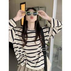 하라주쿠 스트라이프 티셔츠 빈티지 한국 Y2k 미적 긴팔 캐주얼 히피