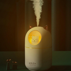 (소소마켓) 미니가습기 애완 고양이 300ml 대용량 미니가습기 USB 가습기 무드등 필터 5개포함 KC인증 대량구매, 화이트