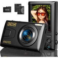 디지털 카메라 4K 자동 초점 블로깅 카메라(32GB 카드 포함) 64MP 18X Zoom 비디오 휴대용 유튜브 컴팩트 포인트 촬영 성인 초보자용(블랙), Black - 초보자카메라