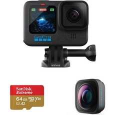 GoPro HERO12 블랙 카메라 번들 Hero 12 카메라용 Go Pro Max 렌즈 Mod 20과 궁극적인 영상 제작을 위한 64GB Micro SD 카드가 포함된 방수 액션