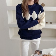 스타일루 배색라운드니트 여성용 아가일 다이아 여성니트 라운드넥 니트티
