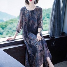 POMTOR 여성 원피스 루즈핏 플라워패턴 롱 원피스 쉬폰 빅사이즈 원피스 하객원피스 여름 원피스