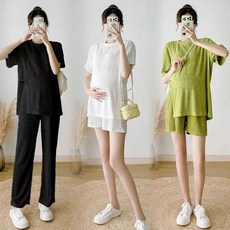 여자 여름 임산부 세트 라운드넥 폴리에스테르 섬유 얇은 옷 헐렁하다 캐주얼한 편안한 스타일리시한