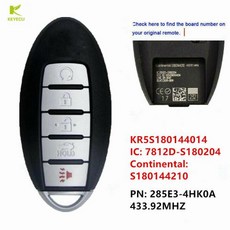 KEYECU 교체 원격 스마트 키 FOB 5 버튼 43392MHz 4A 칩 인피니티 Q50 Q60 QX60 20162018 콘 tinental S180144210, 1개