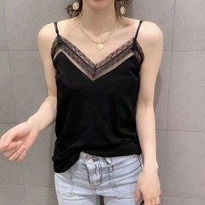 오버핏 빅사이즈 레이스 러플 끈나시 슬립 쉬폰 브이넥 패치워크 망사 민소매티 와이드 루즈핏 고기를 저장함 이너
