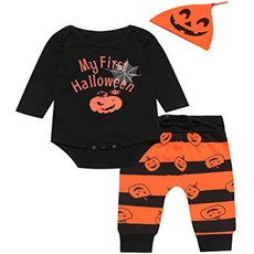 3PCS Baby Boys' Outfit Set Halloween Pumpkin Costume Long Sleeve Romper (6-12 Months) 3PCS 아기 소년 의상, 1