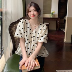 HONGKANG 2022 하트 플라워 브이넥 셔츠 여자 여름 헐렁헐렁 날씬 소매 셔츠 달콤한 상의, 살구빛 중공업 품질, 2XL 130-140근