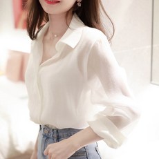 화이트 쉬폰 셔츠 바스락블라우스 여름 드레스 시스루 투명 긴팔 카라 출근룩