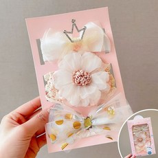 여아용 아기 머리띠 세트 여아 아기용 부드러운 공주 헤어 액세서리 선물 편안한 디자인 패션, 베이지 꽃 머리띠 3종세트 고급 선물박스형