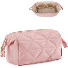 BAGSMART 메이크업 가방 여행용 화장품 가방 여성용 퍼피 패딩 메이크업 가방 정리함 케이스 와이드 오픈 파우치 지갑 여행 필수 화장품 세면도구 액세서리 브러시(핑크), Pink, 1개