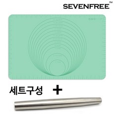 실리콘 반죽매트 그린+반죽밀대 베이킹 눈금 쿠킹매트 롤링핀, 1개