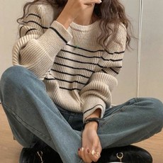 데일로엔 여성 라운드넥 기본 스트라이프 긴팔 니트티