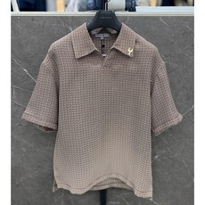 리버클래시 24S/S 브라운 트위드 패턴 오픈카라 오버핏 반팔 티셔츠 (LKS41348)