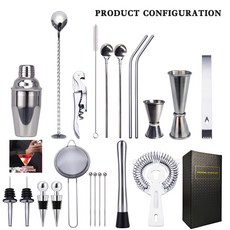 LUCKYGOLD 칵테일 도구 23pcs 원세트 스틸 홈텐딩 쉐이커 바텐더 용품 바 도구 스텐드포함, 350ML 세트, 1개