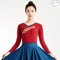 댄스복 예술학과입시 무용복 여자성인 민족 공연 티베트족 연습용 반신 플레어치마 광장무, C01-와인색 상의