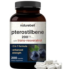 프테로스틸벤 98% 트랜스 레스베라트롤 1회 제공량당 200mg 200캡슐 | 야생 블루베리에서 천연 공급 - 건강한 노화 지원을 위한 항산화 보충제 GMO 프리, 200정, 1개