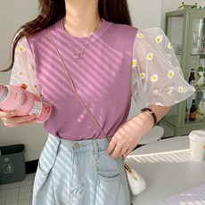메이시스 플라워패턴 퍼프소매 여름 니트 블라우스