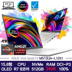 ASUS 노트북 M513UA-L1251 OLED/8코어/R7/SSD 512G/24GB, M513UA-L1251 OLED, Free DOS, 24GB, 512GB, R7 5700U, 투명실버