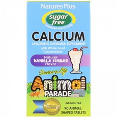 Nature's Plus 생명의 원천 애니멀 퍼레이드 칼슘 어린이의 츄어블 영양 공급제 설탕 무함유 천연 바닐라 선디 맛 90 동물