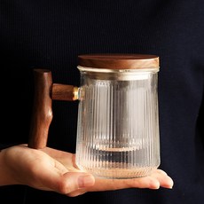호두나무 머그잔 티포트형 찻잔 우드핸들 손잡이 내열유리 엔티크 빈티지 사무실 홈카페, 얼음유리찻잔, 1개
