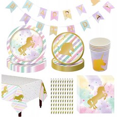 영국직송 드림징 73Pcs 유니콘 파티 테이블웨어 세트 유니콘 종이컵 플레이트 유니콘 냅킨스 파티 플레이트 레인보우 테이블보, 1, 1