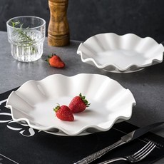 BLOWFISHFUGU 도자기 프릴 접시 파스타접시 과일 디저트 접시 샐러드 접시, 20cm, 2개, 화이트