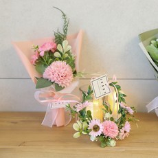 핸드메이드 고급 폼폼데이지 꽃다발+리스 세트 납골당 성묘 폼폼데이지 핑크 SET 1개 상품 이미지
