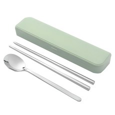 便攜式湯匙+筷子+餐具收納盒組, 綠色, 盒子+筷子+湯匙+矽膠餐具架