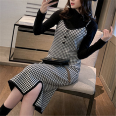 티피 여자 올가을 슬림 블랙 이너 천조 체크 슬립 투피스YL0423