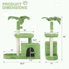 MoNiBloom 녹색 잎이 있는 캣트리 스크래칭 기둥이 81.3cm 32인치 캣타워 아늑한 콘도가 고양이 집 실내 고양이를 위한 퍼치 및 푹신한 공, 1개