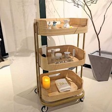 원목 트롤리 미용 이동식 웨건 카트 3단 수납 트레이 이동식카트 나무 원룸 핸드 커피 미용웨건, 1. 우드 트롤리 밝은색, 1개