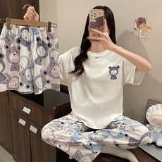 반소매 바지 잠옷 여성 여름 코튼 쓰리 피스 세트