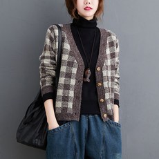 스웨터코코트 겨울 가을 니트 체크가디건 보온 캐주얼 톱 와이드 루즈핏 스웨터트 여성의류