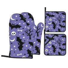 야간 박쥐 오븐 장갑 및 냄비 홀더 세트 4 할로윈 마녀 내열성 주방 장갑 베이킹 굽기용 Pothold, 8.12, 1개
