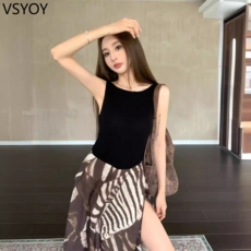 vsyoy 빈티지 얼룩말 쪼개지는 치마 여성 여름 뜨거운 소녀 디자인 긴 치마 캐주얼 높은 허리 슬리밍 A 라인 스커트
