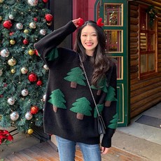 을과 겨울크리스마스라운드넥스웨터여성 느슨하게니트A1802+집게 머리핀선물