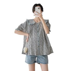 여자 여름 임부복 면마 칼라 터틀이 달린 얇은 옷 헐렁하다 편안한 스타일리시한 캐주얼한