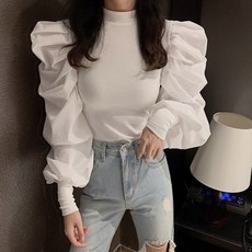 안나리야 라운드넥 슬림 골지 벌룬 퍼프 소매 니트 SY