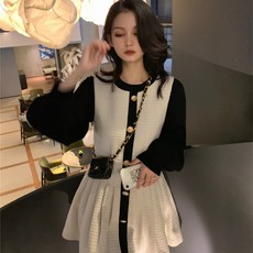 한스타일 가을 겨울 페미닌 프릴 라운드넥 시스루 망사 플리츠 원피스