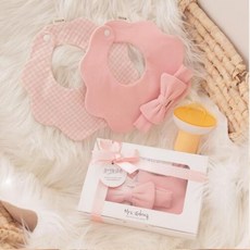 [출산백일선물]핑크베리 리본헤어밴드+턱받이 3종세트(선물포장)