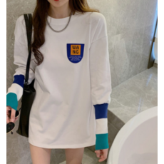 홍콩무드 디자인 감각 보이핏 볼륨 기모 이너티셔츠 여성 겨울 가을 와이드 루즈핏 패치워크 블러킹 긴 소매