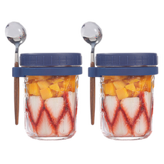 2pcs 350ML 오트밀 컵 글라스 오버나이트 귀리 용기 밀폐 아침 식사 준비 유리 용기 뚜껑과 숟가락이 있는 요거트 샐러드 시리얼 과일 병, 네이비, 2개