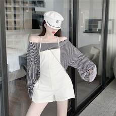 [JE108733] 실제촬영실가 감령 캐주얼 멜빵 청 반바지+느긋하다한 개글자 깃이 매우 잘 어울리다스트라이프티셔츠