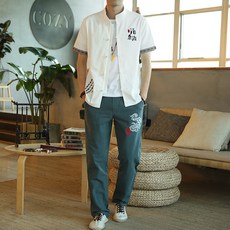 DIPYLON 남성 반팔 린넨 생활한복 여름 세트 남중국풍 차이나룩 라지 빈티지 캐주얼 면
